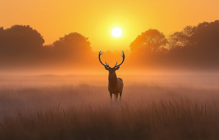 A majestic stag stands silhouetted against the sunrise in a tranquil misty landscapeの素材
