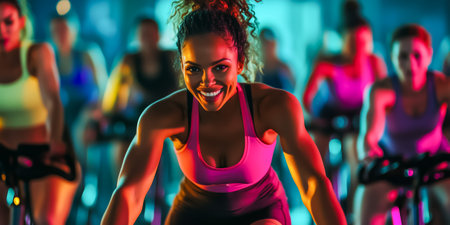 A young woman smiles confidently while participating in an exciting indoor cycling classの素材