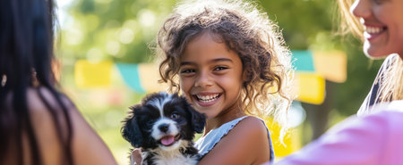 A joyful young girl smiles while holding a puppy in a lively outdoor settingの素材