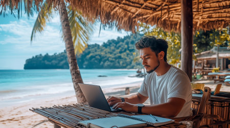 A young man focused on his laptop while enjoying the beach view and palm treesの素材