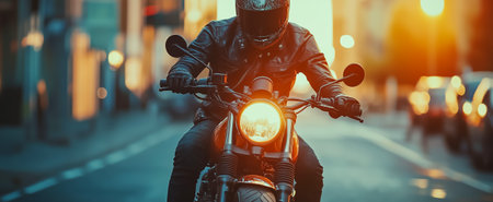 A motorcyclist wearing a black helmet and leather jacket rides confidently through urban streetsの素材