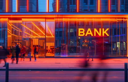 A modern bank facade glowing with neon orange lights and people walking by at duskの素材