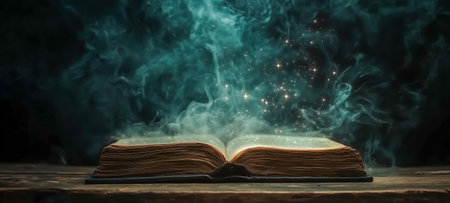 An open book surrounded by enchanting green smoke and glowing sparkles in a dark backgroundの素材