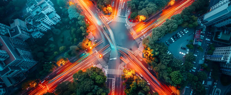 An aerial shot of a busy intersection showing vibrant light trails from moving vehiclesの素材