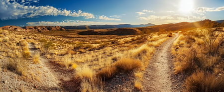 A scenic desert landscape featuring winding paths under a vibrant sunset and dramatic cloudsの素材