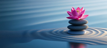 A beautiful lotus flower atop smooth stones in a tranquil water environment, symbolizing peaceの素材