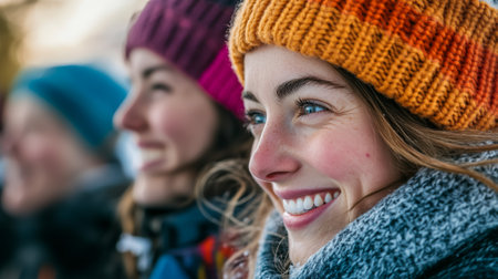 A young woman smiles brightly in a colorful hat, enjoying the warmth of a winter gatheringの素材