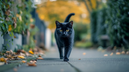 A black cat strolls along a garden path framed by autumn leaves and greeneryの素材