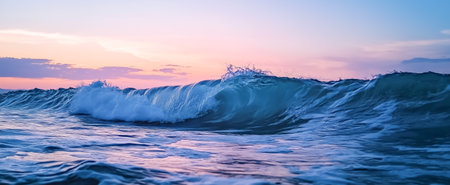 Dramatic ocean waves crashing under a colorful sunset sky, creating a serene beach atmosphereの素材