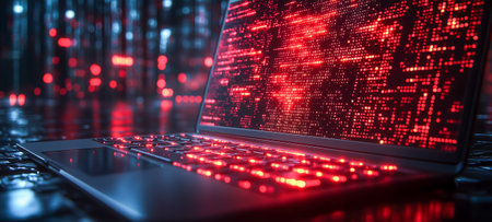 A close-up view of a laptop screen showing glowing red digital data and reflectionsの素材