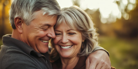 A joyful senior couple sharing a warm embrace outdoors, surrounded by nature in the backgroundの素材