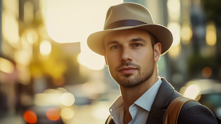 A stylish man wearing a hat and a suit poses confidently against a vibrant city backdropの素材