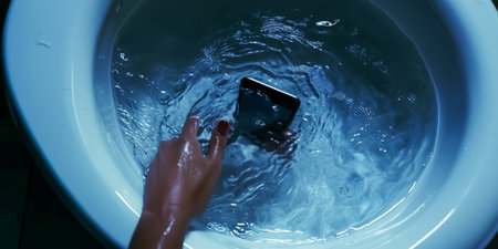 A hand reaches for a phone partially submerged in water inside a toilet bowlの素材