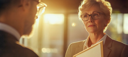 A mature woman listening intently during a serious business discussion with a male colleagueの素材