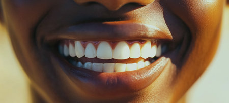 A close-up view of a person's smiling mouth showing healthy, white teeth against warm skinの素材