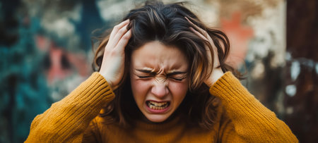 A young woman in a yellow sweater shows frustration while holding her head in painの素材