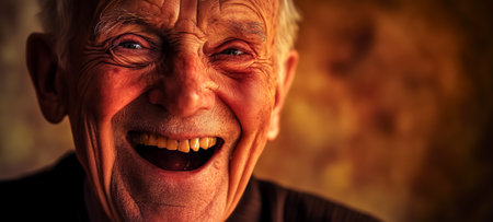 A close-up of a joyful elderly man laughing, showing his bright smile and wrinklesの素材