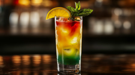 A refreshing cocktail featuring vibrant colors, ice, lemon, and mint garnish in a glassの素材