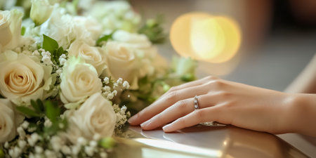 A gentle hand resting close to white flowers on a coffin, symbolizing grievance and remembranceの素材