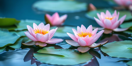 Pink lotus flowers bloom gracefully on a tranquil water surface surrounded by green leavesの素材