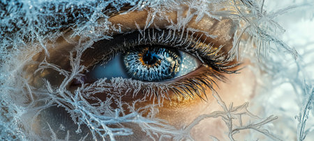 A brilliant close-up of an eye surrounded by intricate frost patterns, showcasing stunning detailの素材