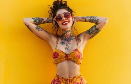 A tattooed young woman smiling joyfully while posing against a vibrant yellow backgroundの素材