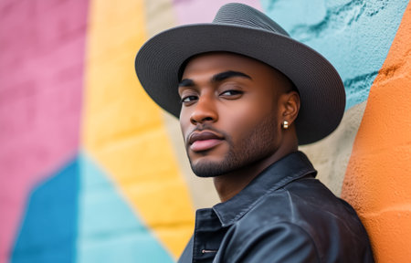 A young man wearing a hat poses confidently beside a vibrant mural in an urban settingの素材