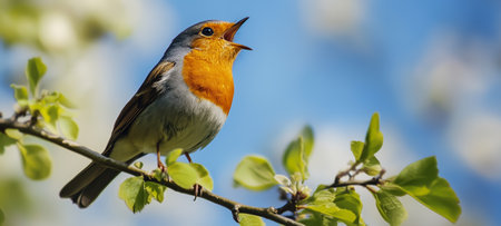 A vibrant bird singing on a branch surrounded by fresh green leaves in springの素材