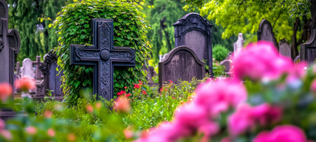 A peaceful cemetery featuring a black cross surrounded by lush greenery and blooming flowersの素材