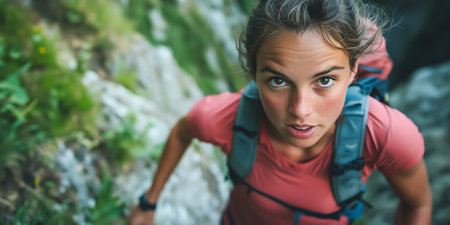 A young woman focused on climbing steep terrain, showing her determination and outdoor spiritの素材