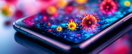 A smartphone screen displays vibrant virus illustrations over a digital network backgroundの素材