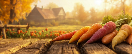 A vibrant display of freshly harvested carrots on a rustic wooden table with a farm backgroundの素材