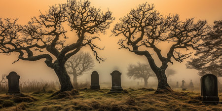 A gloomy cemetery scene with fog, bare trees, and gravestones enveloped in mistの素材