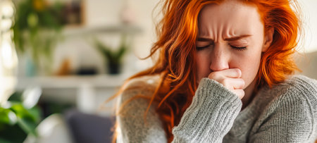 A young woman with red hair shows emotional distress while sitting indoors in casual wearの素材