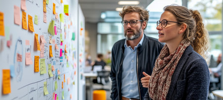 Two business professionals analyze sticky notes in a collaborative workspace filled with creativityの素材
