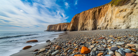 A beautiful beach scene featuring pebbles, cliffs, and tranquil ocean water under a blue skyの素材