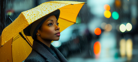 A woman gazes upwards, holding a yellow umbrella in a rainy urban settingの素材