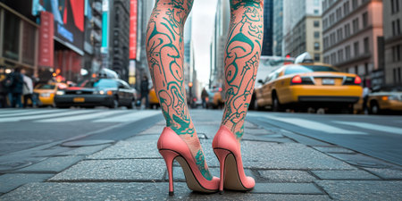A stylish woman's legs in pink heels and patterned leggings stand on a busy city streetの素材