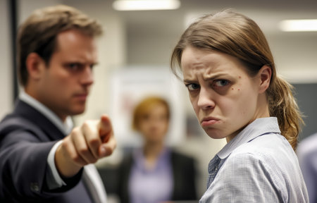 A tense confrontation in an office with a man pointing and a woman looking displeasedの素材