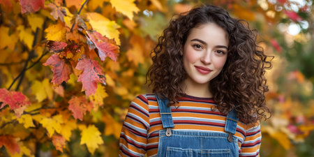A young woman with curly hair smiling among colorful autumn leaves in a parkの素材