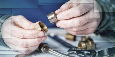 Plumber hands using plumbing fittings, geometric patternの写真素材