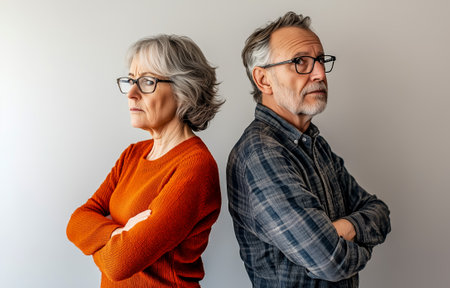 A mature couple with serious expressions, showing disagreement while standing back to back against a plain backgroundの素材