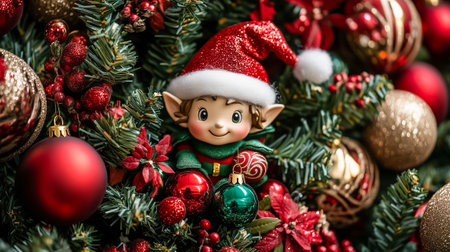 A cheerful Christmas elf is nestled among colorful ornaments and greenery of a festive arrangementの素材