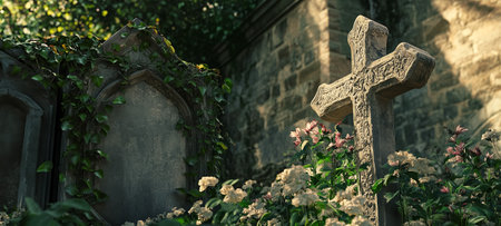 A weathered cross is surrounded by flowers and vines in a peaceful cemetery environmentの素材