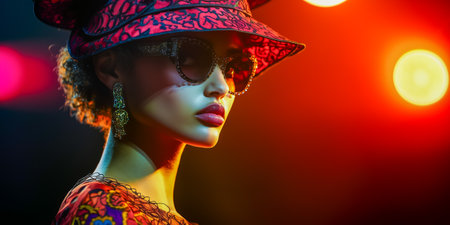 A fashionable woman adorned with sunglasses and a vibrant hat posing against a colorful backdropの素材