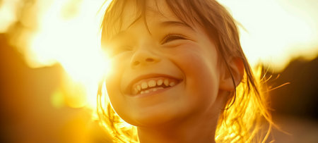 A joyful child with a bright smile captured in radiant sunlight outdoorsの素材