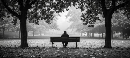 A solitary figure sits on a bench surrounded by trees in a foggy park sceneの素材
