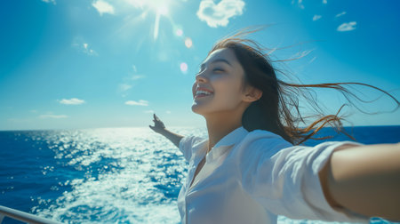 A young woman with long hair joyfully embraces the sea breeze on a sunny dayの素材