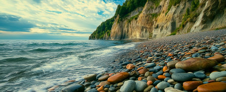 A beautiful beach scene featuring colorful pebbles and cliffs under a cloudy skyの素材