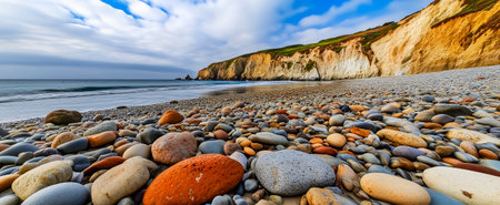 A picturesque beach scene with various colored pebbles against a calm ocean backdropの素材